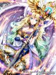  1girl angel_wings aqua_hair arm_warmers blonde_hair blue_collar blue_dress blue_eyes breasts cleavage detached_collar dragon_tactics dress flower forehead_jewel gold_trim gradient_hair hair_ornament highres holding holding_staff lace long_hair looking_at_viewer multicolored_hair official_art purple_flower sitting skyscope staff thigh-highs tiara very_long_hair white_legwear white_wings wings 