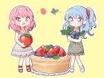  2girls :d bang_dream! bangs bd_ayknn blue_hair blueberry blush collared_dress commentary_request doily dress eyebrows_visible_through_hair food frilled_dress frilled_sleeves frills fruit full_body grey_dress hair_down hair_ribbon hairband holding holding_food holding_fruit light_blue_hair long_hair lying maruyama_aya matsubara_kanon minigirl multiple_girls on_side open_mouth outline pinafore_dress pink_eyes pink_hair plaid plaid_dress red_footwear red_ribbon ribbon short_sleeves sidelocks simple_background sleeveless sleeveless_dress smile standing strawberry striped striped_dress tart_(food) unmoving_pattern violet_eyes white_footwear white_hairband white_outline yellow_background 