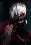  1boy black_background black_clothes black_nails ghoul highres kaneki_ken mask nail_polish open_eyes red_eyes short_hair sliklll tokyo_ghoul white_hair 