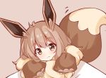  1girl :3 animal_ears bangs blush brown_background brown_eyes brown_hair closed_mouth creatures_(company) eevee eyebrows_visible_through_hair fur game_freak gen_1_pokemon hair_between_eyes head_tilt highres long_sleeves looking_at_viewer nintendo personification pokemon pokemon_(game) pokemon_lgpe puffy_long_sleeves puffy_sleeves scarlet_dango simple_background solo tail_raised 