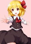  1girl ascot black_skirt blonde_hair blouse bow dress_shirt hair_bow hair_ribbon highres long_sleeves open_mouth outstretched_arms pink_background red_bow red_eyes red_neckwear red_ribbon ribbon rumia ruu_(tksymkw) shirt short_hair simple_background skirt skirt_set solo touhou vest white_blouse white_shirt 