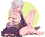  1girl brown_eyes cloak female_my_unit_(fire_emblem:_kakusei) fire_emblem fire_emblem:_kakusei highres itou_(very_ito) looking_at_viewer loose_clothes loose_shirt messy_hair my_unit_(fire_emblem:_kakusei) nintendo shirt simple_background sitting solo white_background white_hair 
