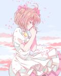  1girl antenna_hair blue_sky bow brown_hair card_captor_sakura closed_eyes clouds day dress ebcho199736 from_side hair_bow hands_clasped jewelry kinomoto_sakura layered_dress necklace outdoors own_hands_together petals pink_bow pink_cloud short_hair short_sleeves sky solo star two_side_up white_dress wind wind_lift 