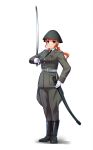  1girl belt boots commentary_request full_body gloves helmet holding holding_sword holding_weapon military military_uniform mizuki_(mizuki_ame) necktie orange_hair original saber_(weapon) scabbard sheath solo sword twintails uniform violet_eyes weapon white_background white_gloves 