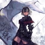  1girl bangs banner black_dress black_legwear breasts building chains commentary_request dress fate/grand_order fate_(series) flag gauntlets headpiece holding holding_flag jeanne_d&#039;arc_(alter)_(fate) jeanne_d&#039;arc_(fate)_(all) kazama_raita open_mouth short_hair silver_hair solo standing sword tsurime weapon white_background yellow_eyes 
