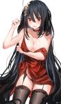  1girl ahoge azur_lane bangs bare_shoulders black_hair black_legwear breasts choker cleavage collarbone commentary_request crossed_bangs dress eyebrows_visible_through_hair garter_straps hair_between_eyes highres long_hair looking_at_viewer mask mask_on_head red_choker red_dress red_eyes solo taihou_(azur_lane) thigh-highs very_long_hair yuuko_(030_yuko) 