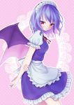  1girl alternate_costume apron bat_wings dress eyebrows_visible_through_hair fang frilled_apron frills looking_at_viewer looking_to_the_side maid_apron maid_headdress neck_ribbon puffy_short_sleeves puffy_sleeves purple_dress purple_hair red_eyes remilia_scarlet ribbon rnkgmn short_hair short_sleeves solo touhou waist_apron wings 