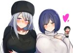  3girls blue_hair blush breasts brown_hair commentary_request earrings heart hoop_earrings jewelry large_breasts looking_at_viewer mole mole_under_eye multiple_girls nuezou ribbed_sweater short_hair silver_hair simple_background smile sweater violet_eyes white_background 