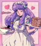  1girl 90s alternate_costume apron bangs bowl character_name chinese_clothes double_bun enmaided eyebrows_visible_through_hair food heart long_hair maid maid_headdress meat menbou_(00uobnem) one_eye_closed open_mouth purple_hair ranma_1/2 red_eyes shampoo_(ranma_1/2) solo tray waitress 