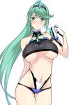  1girl absurdres armlet bangs bare_shoulders bikini black_bikini black_gloves blush breasts breasts_apart cowboy_shot earrings eyebrows_visible_through_hair frown gloves green_eyes green_hair hairband half_gloves harukon_(halcon) highres horn jewelry large_breasts layered_bikini long_hair looking_at_viewer navel nintendo partly_fingerless_gloves pneuma_(xenoblade) ponytail simple_background solo spoilers swept_bangs swimsuit under_boob very_long_hair white_background xenoblade_(series) xenoblade_2 