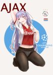  1girl absurdres adidas ajax_(azur_lane) alternate_costume arm_behind_head azur_lane character_name chinese_commentary commentary_request dutch_flag eyebrows_visible_through_hair facepaint flag highres jersey kneeling lavender_hair long_hair looking_at_viewer midriff midriff_peek navel open_mouth panties panties_under_pantyhose pantyhose smile solo two_side_up underwear v-neck very_long_hair violet_eyes zidong_fanmai_jii_o3 