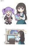  2girls 2koma :d =3 =_= aqua_dress ascot bang_dream! bangs bd_ayknn belt birthday black_hair black_jacket black_legwear book chair choker closed_eyes comic dated desk dress fang gift hands_on_hips highres jacket lace lace-trimmed_skirt long_hair long_sleeves monitor multiple_girls open_mouth pantyhose pinafore_dress purple_ribbon red_choker ribbon shelf shirokane_rinko shirt sidelocks silent_comic skirt smile sparkle twintails udagawa_ako violet_eyes white_belt white_neckwear white_shirt 