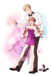  1boy 1girl :d bare_shoulders barefoot black_footwear black_neckwear black_pants blush bow bowtie breasts brown_eyes dancing dress flower hair_flower hair_ornament hand_holding hetero high_heels highres hsmoji jewelry light_brown_hair long_hair necklace open_mouth original pants purple_bow purple_dress purple_footwear shirt shoes_removed simple_background small_breasts smile twintails white_shirt 