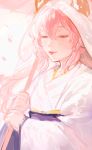  1girl bangs closed_eyes closed_mouth commentary english_commentary hair_between_eyes highres holding holding_umbrella japanese_clothes k_(sktchblg) kimono pink_hair solo tamamo_(fate)_(all) umbrella white_kimono 
