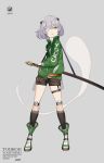  1girl alternate_costume bandage bandage_over_one_eye bangs black_legwear black_shorts boots character_name commentary_request contemporary copyright_name green_eyes green_footwear green_jacket grey_background hair_between_eyes hair_ornament high_collar highres hillly_(maiwetea) hitodama holding holding_sword holding_weapon jacket katana knee_pads kneehighs konpaku_youmu konpaku_youmu_(ghost) long_sleeves looking_at_viewer parted_lips partial_commentary pocket scabbard sheath sheathed short_hair short_shorts shorts silver_hair simple_background solo sword thigh_strap thighs touhou weapon 