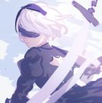  1girl back_cutout black_blindfold black_dress black_hairband blindfold closed_mouth commentary dress english_commentary hairband juliet_sleeves k_(sktchblg) long_sleeves nier_(series) nier_automata puffy_sleeves solo sword weapon white_hair yorha_no._2_type_b 