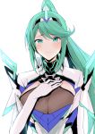  1girl absurdres armor bangs blush bodysuit breasts cleavage eyebrows_visible_through_hair glowing green_eyes green_hair hairband hand_on_own_chest harukon_(halcon) highres horn large_breasts long_hair looking_at_viewer nintendo pneuma_(xenoblade) ponytail see-through sidelocks simple_background smile spoilers swept_bangs tears upper_body white_background xenoblade_(series) xenoblade_2 