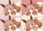  1girl :3 :d animal_ears bangs blush bow brown_background brown_eyes brown_hair closed_mouth commentary_request creatures_(company) eevee eyebrows_visible_through_hair fur game_freak gen_1_pokemon glasses hair_between_eyes hair_bow head_tilt highres long_sleeves looking_at_viewer nintendo open_mouth personification pokemon pokemon_(game) pokemon_lgpe polka_dot polka_dot_bow puffy_long_sleeves puffy_sleeves red-framed_eyewear scarlet_dango semi-rimless_eyewear smile solo tail tail_bow tail_raised under-rim_eyewear 