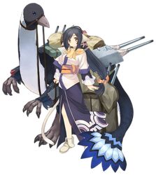  1girl amazuyu_tatsuki arms_at_sides azur_lane black_hair blush boots breasts brown_eyes closed_mouth eyebrows_visible_through_hair full_body green_ribbon highres kuon_(utawareru_mono) long_hair long_sleeves looking_at_viewer medium_breasts official_art ponytail ribbon rigging smile solo transparent_background utawareru_mono:_futari_no_hakuoro very_long_hair white_footwear 