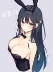  1girl animal_ears bekotarou black_hair black_leotard breasts bunnysuit collarbone detached_collar hair_ornament hairclip highres large_breasts leotard long_hair looking_at_viewer rabbit_ears sakurajima_mai seishun_buta_yarou strapless strapless_leotard violet_eyes 