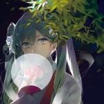  1girl absurdres chuushuu_meigetsu_miku covering_mouth fan flower green_eyes green_hair grey_kimono hair_between_eyes hair_flower hair_ornament hatsune_miku highres holding holding_fan japanese_clothes kimono long_hair looking_at_viewer solo tefco transparent twintails upper_body vocaloid white_flower 