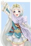  1girl akina_(akn_646) arm_up blue_background blue_hair cape dress fire_emblem fire_emblem_heroes gradient_hair long_sleeves multicolored_hair nintendo open_mouth short_dress short_hair simple_background solo tiara violet_eyes white_hair ylgr_(fire_emblem_heroes) 