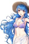  1girl :d bikini blue_hair blush breasts brown_hat cleavage collarbone cowboy_shot curly_hair eyebrows_visible_through_hair floating_hair hat highres long_hair medium_breasts navel open_mouth original puckjjick_(belbesi19) purple_bikini red_eyes sarong see-through shiny shiny_skin simple_background smile solo standing star star-shaped_pupils sun_hat swimsuit symbol-shaped_pupils very_long_hair white_background 