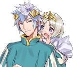  1boy 1girl blue_hair cape feather_trim fire_emblem fire_emblem_heroes gradient gradient_hair hamomo_fe long_sleeves multicolored_hair nintendo open_mouth short_hair simple_background smile tiara violet_eyes white_hair ylgr_(fire_emblem_heroes) 