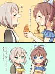 2girls 2koma :o ahoge aoba_moca aqua_eyes bag bang_dream! bd_ayknn black_choker blue_eyes blue_shirt bread brown_hair card choker comic flying_sweatdrops food frills grey_hair hair_ribbon holding holding_card holding_food jewelry multiple_girls open_mouth paper_bag pendant ponytail ribbon see-through_sleeves shirt short_hair short_sleeves sidelocks striped striped_ribbon suspenders sweatdrop translation_request upper_body yamabuki_saaya