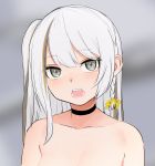  1girl black_border blurry blurry_background blush border braid breasts cleavage copyright_request depth_of_field eyebrows_visible_through_hair fang grey_background grey_eyes grey_hair hair_ribbon head_tilt looking_at_viewer nezuko nude one_side_up open_mouth ribbon solo upper_body yellow_ribbon 