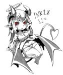  1girl blush dated demon_horns demon_tail demon_wings greyscale halloween halo hand_up horns inktober long_hair long_sleeves looking_at_viewer monochrome monster_girl monster_girl_encyclopedia navel panties parted_lips pointy_ears ramenwarwok red_eyes simple_background solo spot_color succubus_(monster_girl_encyclopedia) tail thigh-highs underwear white_background wings 