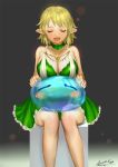  1girl ariverkao bare_shoulders blonde_hair breasts choker cleavage closed_eyes dated dress facing_viewer gradient gradient_background green_dress jewelry large_breasts open_mouth pointy_ears short_hair signature sitting slime solo tensei_shitara_slime_datta_ken 