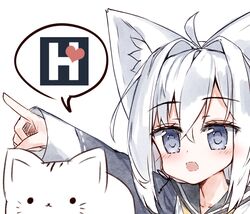  1girl ahoge animal animal_ear_fluff animal_ears bangs black_sailor_collar blue_eyes blue_jacket blush cat eyebrows_visible_through_hair fox_ears hair_between_eyes hair_intakes highres jacket long_hair long_sleeves open_mouth original outstretched_arm ping_myu_ring_(tandohark) pointing ribbon-trimmed_sleeves ribbon_trim sailor_collar shirt silver_hair simple_background sleeves_past_wrists solo tandohark white_background white_shirt 