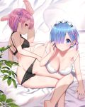  2girls ass bangs bed_sheet black_bra black_panties blue_eyes blue_hair blush bra breasts closed_mouth eyebrows_visible_through_hair frilled_bra frilled_panties frills hair_between_eyes hair_ornament hair_over_one_eye hair_ribbon large_breasts looking_at_viewer lying maid_headdress matsui_hiroaki multiple_girls open_mouth panties pink_hair pink_ribbon plant purple_ribbon ram_(re:zero) re:zero_kara_hajimeru_isekai_seikatsu red_eyes rem_(re:zero) ribbon short_hair siblings sisters twins underwear underwear_only white_bra white_panties x_hair_ornament 