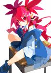  1girl alternate_costume commentary_request demon_girl demon_tail disgaea etna evil_smile highres miyakawa106 pointy_ears polearm red_eyes red_scarf redhead scarf sitting skirt slit_pupils smile solo tail tongue tongue_out twintails weapon 