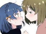  2girls bangs blue_hair blush boukyaku_wako braid brown_hair closed_mouth commentary eyebrows_visible_through_hair food hair_ribbon idolmaster idolmaster_million_live! looking_at_another multiple_girls nagayoshi_subaru nanao_yuriko orange_ribbon pocky pocky_kiss red_eyes ribbon shared_food short_hair sweatdrop yellow_eyes yuri 