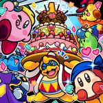  2boys ;p anniversary bandana_waddle_dee bandanna bomb cake commentary_request confetti copy_ability cowboy_hat food hat heart king_dedede kirby kirby:_battle_royale kirby_(series) meta_knight multiple_boys nintendo official_art one_eye_closed smile sparkling_eyes star tongue tongue_out wand whip 