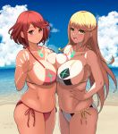  2girls alternate_costume arm_up bare_shoulders beach bikini blood breast_press breasts cleavage day gem hand_on_hip hero_(do-belman) highres mythra_(xenoblade) pyra_(xenoblade) huge_breasts long_hair multiple_girls navel nintendo open_mouth red_bikini red_eyes redhead sand short_hair sky smile swimsuit symmetrical_docking v water white_bikini xenoblade_(series) xenoblade_2 yellow_eyes 