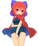  1girl blue_bow blue_swimsuit bow breasts cape embarrassed eyebrows_visible_through_hair hair_between_eyes hair_bow high_collar highres inon looking_at_viewer one-piece_swimsuit red_cape red_eyes redhead school_swimsuit sekibanki short_hair simple_background solo sweatdrop swimsuit swimsuit_under_clothes touhou white_background 