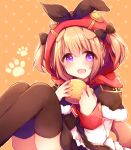  1girl :d animal_ears azur_lane bangs black_bow blush bow brown_capelet brown_legwear brown_skirt capelet commentary_request cup dog_ears eyebrows_visible_through_hair fur-trimmed_capelet fur_trim hair_between_eyes hair_bow haru_ichigo head_tilt highres holding holding_cup hood hood_up light_brown_hair long_sleeves mug norfolk_(azur_lane) open_mouth orange_background shirt skirt sleeves_past_wrists smile solo thigh-highs two_side_up violet_eyes white_shirt 
