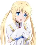  1girl alternate_hairstyle blonde_hair blue_eyes commentary goblin_slayer! hat hat_removed headwear_removed looking_at_viewer priestess_(goblin_slayer!) robe solo trg-_(sain) twintails white_background 