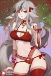  1girl animal_ears bell black_hair breasts cleavage fire_emblem fire_emblem_if grey_hair highres medium_breasts multicolored_hair nintendo parted_lips patreon_logo red_eyes red_ribbon ribbon solo songjikyo tail thigh-highs two-tone_hair velour_(fire_emblem_if) wolf_ears wolf_tail 