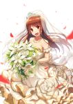  1girl absurdres bangs bare_shoulders blurry blush bokeh bouquet brown_eyes brown_hair commentary depth_of_field dress flower flower_request frills highres huge_filesize idolmaster idolmaster_million_live! idolmaster_million_live!_theater_days jewelry long_hair looking_at_viewer mazeru_(oekaki1210) necklace open_mouth petals see-through smile solo tanaka_kotoha tearing_up tears tiara veil wedding_dress white_background white_dress 