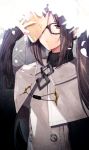  1girl akuta_hinako black_sweater book brown_hair buttons commentary_request earrings fate/grand_order fate_(series) glasses highres holding holding_book jewelry long_hair looking_at_viewer open_book petals ponita ribbed_sweater solo sweater turtleneck turtleneck_sweater twintails very_long_hair 