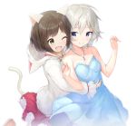  2girls ;d anastasia_(idolmaster) animal_ears animal_hood bangs bare_arms bare_shoulders blue_dress blue_eyes blush brown_eyes brown_footwear brown_hair cat_ears cat_girl cat_hood cat_tail closed_mouth commentary_request dress eyebrows_visible_through_hair hair_between_eyes hands_up highres hood hood_down hoodie idolmaster idolmaster_cinderella_girls long_sleeves maekawa_miku multiple_girls one_eye_closed open_mouth pleated_skirt puffy_long_sleeves puffy_sleeves red_skirt rekareka revision shoes silver_hair skirt smile strapless strapless_dress tail tail_raised white_hoodie 