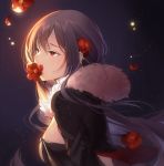  1girl black_dress black_jacket breasts brown_hair commentary_request consort_yu_(fate) dress eyebrows_visible_through_hair fate/grand_order fate_(series) flower flower_in_mouth fur-trimmed_jacket fur_trim hair_flower hair_ornament highres jacket jewelry long_hair looking_away medium_breasts petals philomelalilium poppy_(flower) red_eyes red_flower red_rose rose rose_petals solo very_long_hair 