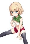  1girl absurdres black_legwear blonde_hair blue_eyes blush breasts cleavage clenched_teeth commentary_request curcumin eyebrows_visible_through_hair girls_und_panzer highres katyusha looking_at_viewer medium_breasts panties red_shorts short_hair shorts simple_background sitting sleeveless smile solo teeth thigh-highs unbuttoned underwear white_background white_panties 