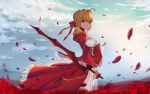  1girl absurdres ahoge bangs blonde_hair bow braided_bun breasts clouds corset fate/extra fate_(series) flower from_side green_eyes hair_bow highres holding holding_sword holding_weapon huijin_zhi_ling long_skirt long_sleeves looking_at_viewer medium_breasts nero_claudius_(fate) nero_claudius_(fate)_(all) outdoors petals red_bow red_flower red_rose red_skirt red_sleeves rose rose_petals see-through short_hair sideboob skirt sky solo standing sword tied_hair weapon wide_sleeves 