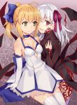  2girls :d ahoge arm_support artoria_pendragon_(all) bangs bare_shoulders black_dress blonde_hair blue_bow blush bow breasts chobi_(penguin_paradise) cleavage closed_mouth collarbone commentary_request cowboy_shot dark_sakura dress elbow_gloves eyebrows_visible_through_hair fate/stay_night fate_(series) gloves green_eyes hair_bow hair_ribbon halterneck hand_on_own_chest hand_up highres long_hair long_sleeves looking_at_viewer matou_sakura multiple_girls open_mouth ponytail red_eyes red_ribbon ribbon saber sidelocks sitting sleeves_past_wrists small_breasts smile striped striped_dress tattoo thigh-highs white_dress white_gloves white_hair white_legwear 