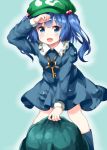  1girl :d backpack bag bangs blue_eyes blue_footwear blue_hair blue_shirt blue_skirt boots collared_shirt flat_cap frilled_shirt_collar frills green_hat hair_bobbles hair_ornament hand_on_forehead hat highres kawashiro_nitori key knee_boots long_sleeves medium_hair open_mouth pocket puffy_sleeves rubber_boots ruu_(tksymkw) shirt short_twintails sidelocks skirt skirt_set smile solo tokin_hat touhou twintails two_side_up 